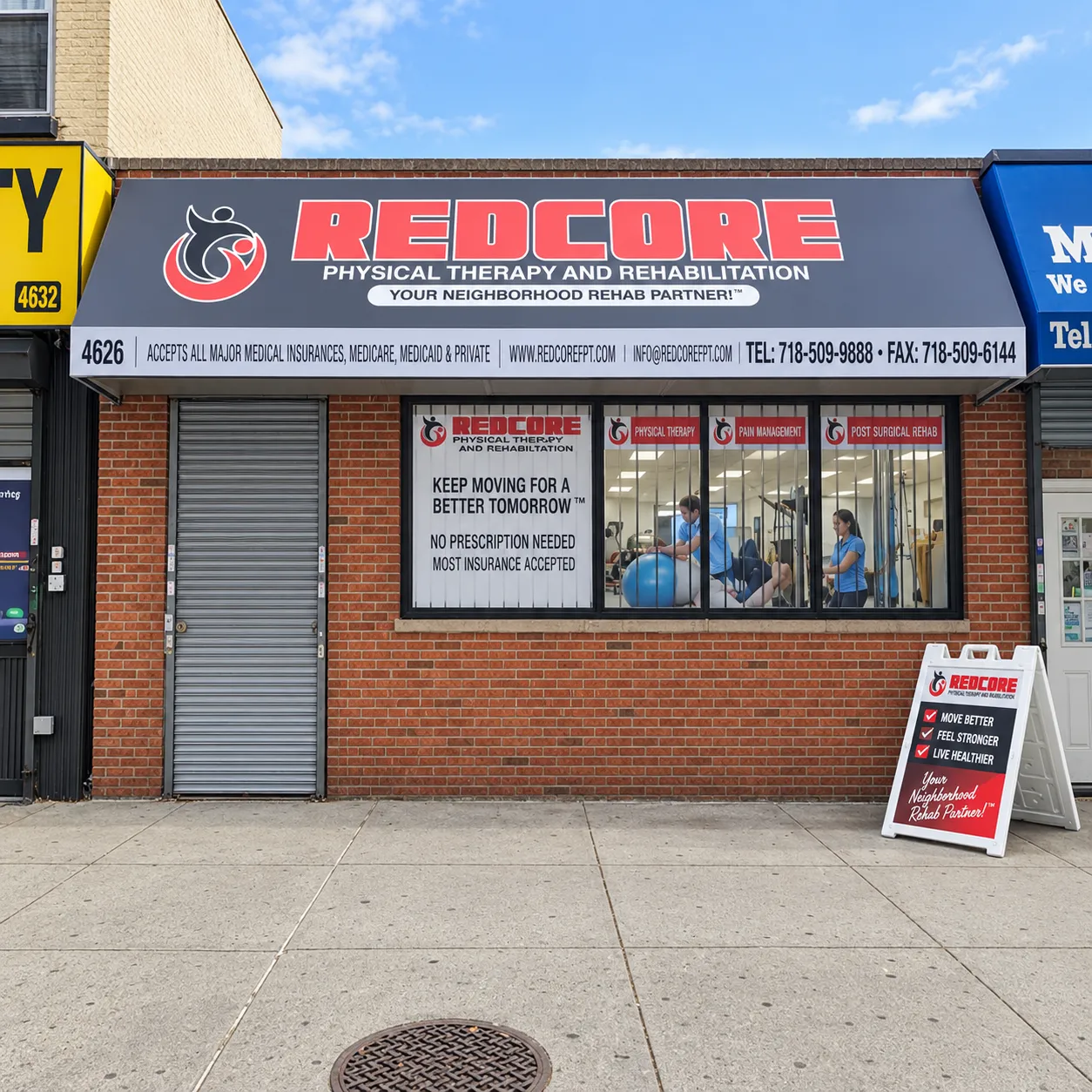 The RedCore storefront at 4626 White Plains Road in the Bronx, its awning and window signage visible from the pavement.