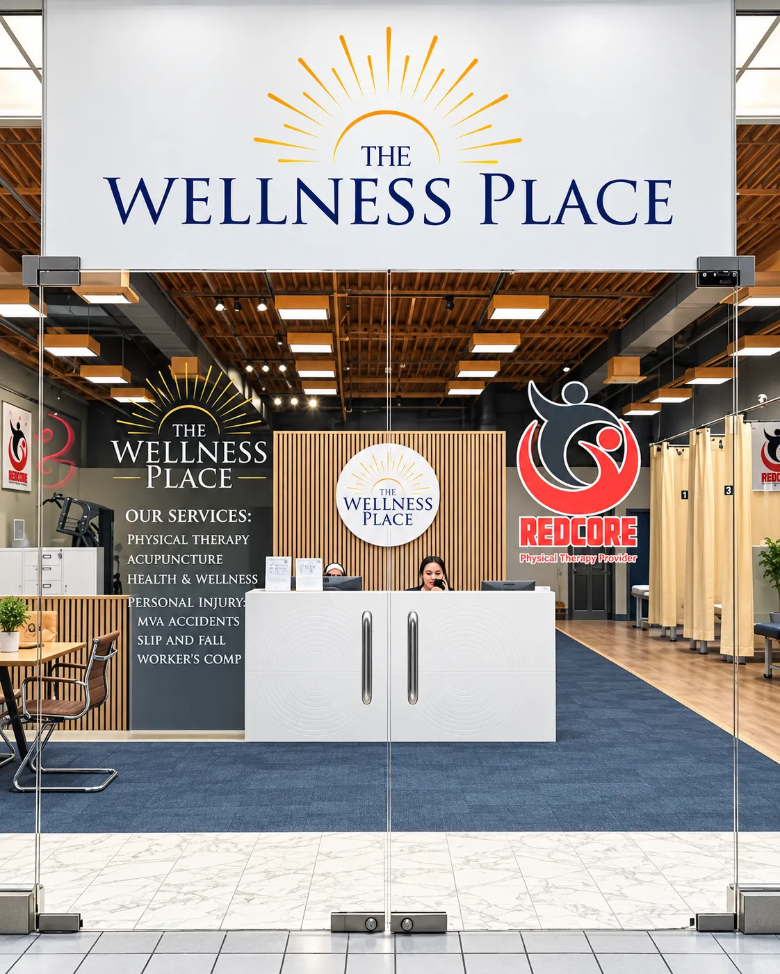 The glass entrance to The Wellness Place at Hudson Mall, Jersey City, where RedCore is the physical therapy provider.
