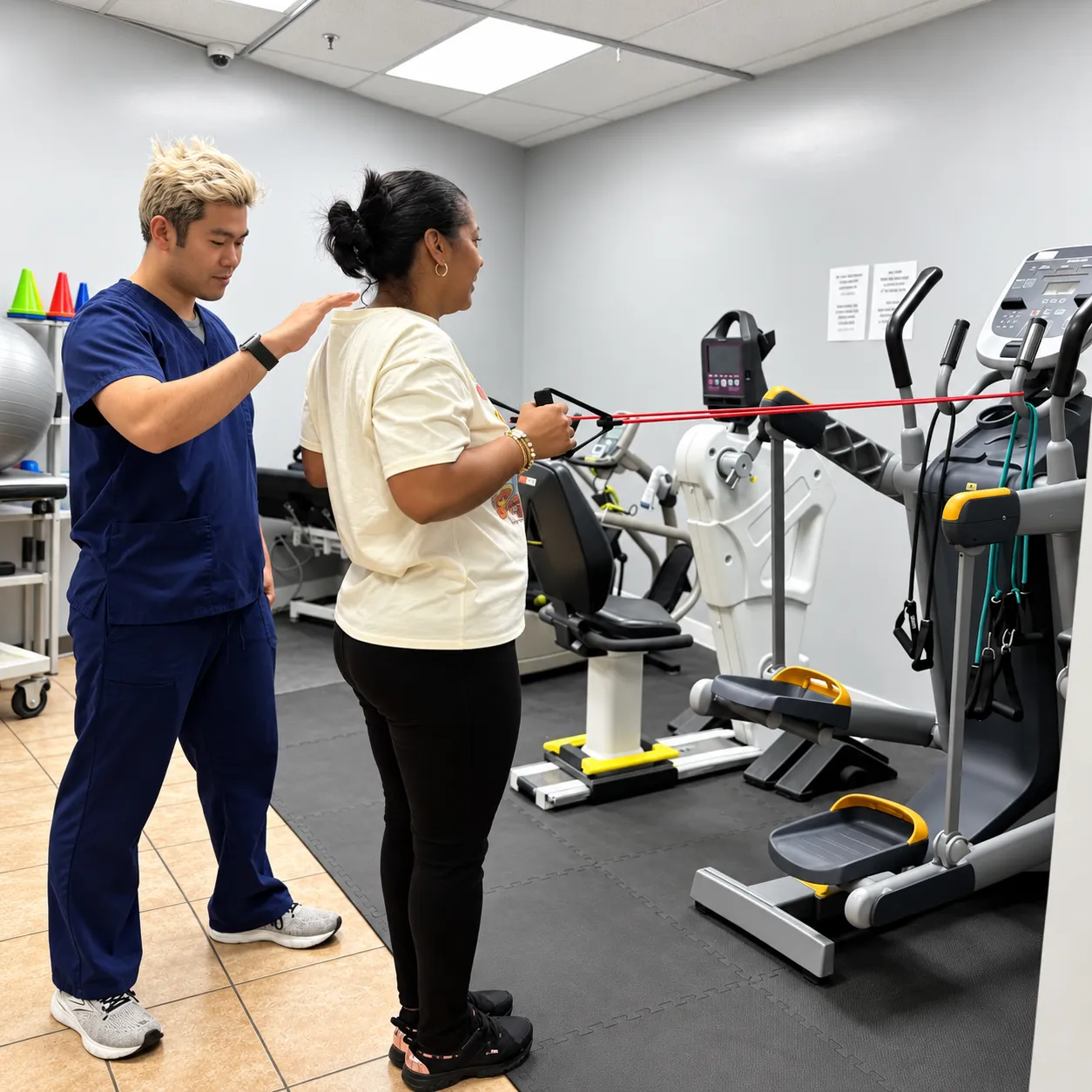 A RedCore therapist in navy scrubs steadying a patient's shoulder as she works through a resistance-band exercise on the treatment floor.